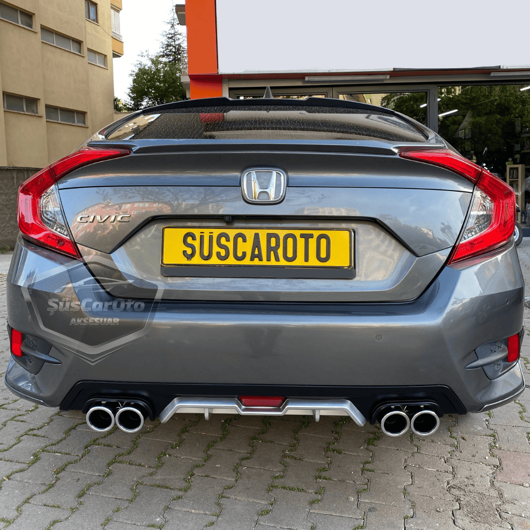 Honda Civic FC5 2016-2021 Difusor trasero exclusivo del vehículo, gris negro con pestañas, con 4 salidas de escape redondas, extensión de parachoques trasero importada de 1.ª clase DFZ37