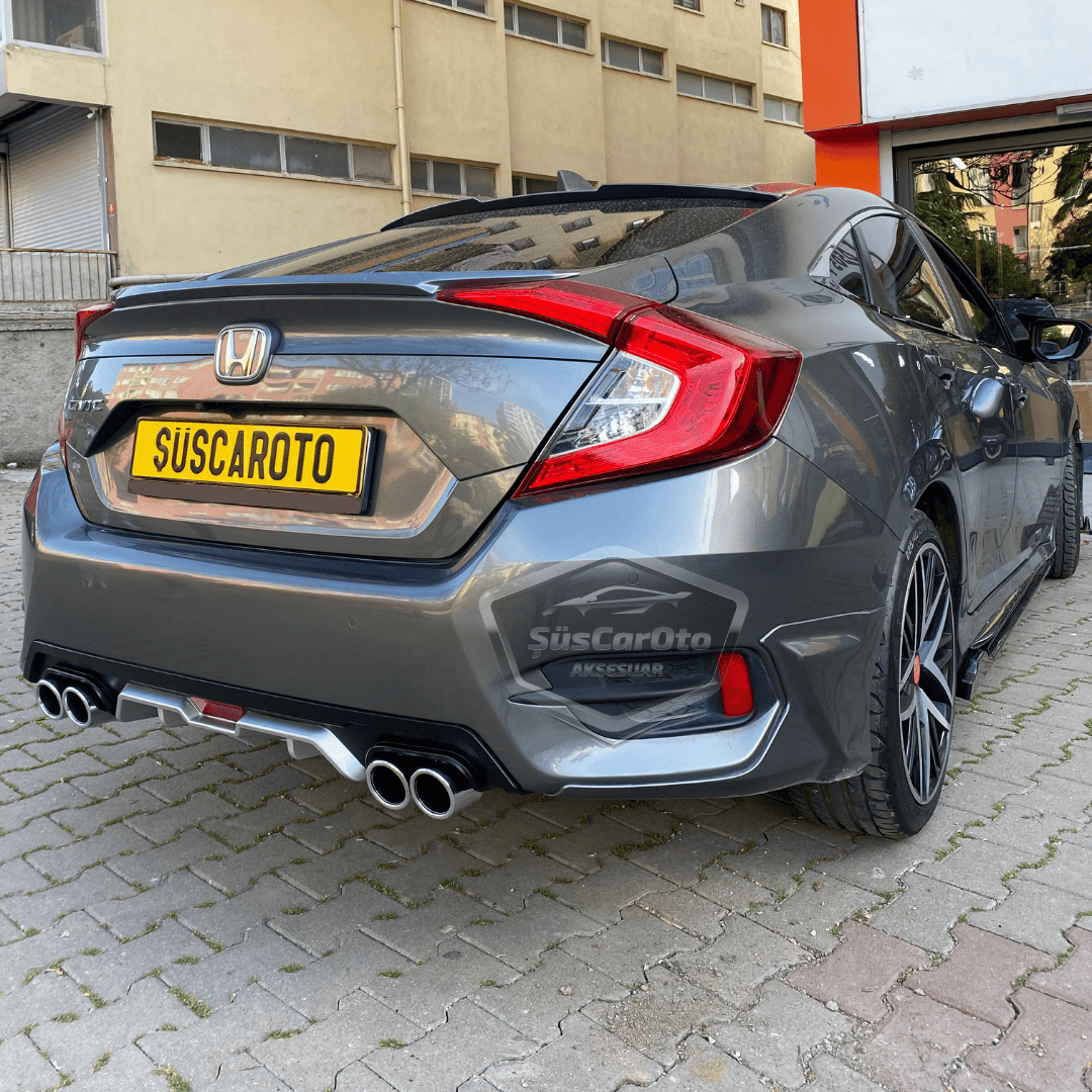 Honda Civic FC5 2016-2021 Difusor trasero exclusivo del vehículo, gris negro con pestañas, con 4 salidas de escape redondas, extensión de parachoques trasero importada de 1.ª clase DFZ37