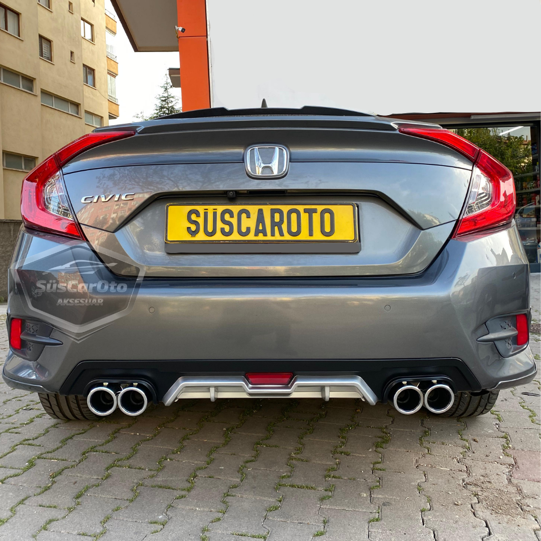 Honda Civic FC5 2016-2021 Difusor trasero exclusivo del vehículo, gris negro con pestañas, con 4 salidas de escape redondas, extensión de parachoques trasero importada de 1.ª clase DFZ37