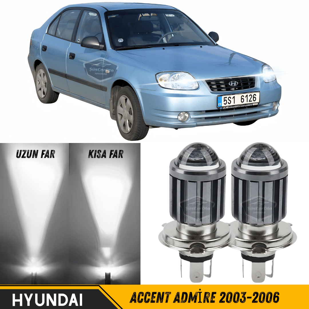 Hyundai Accent Admire 2003-2006 Uyumlu Mercekli Far Ampulü Led Xenon Beyaz Renk Far Şimşek Etkili CSP Led Lamba Uzun Kısa 2 Adet Takım