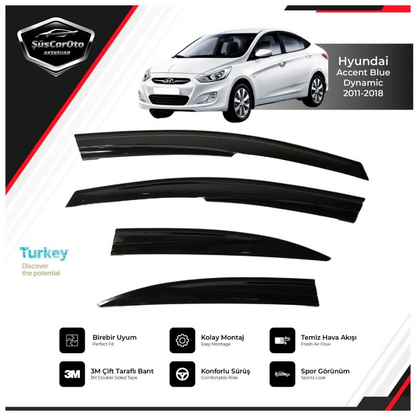 Hyundai Accent Blue 2011-2018 Juego de deflectores de viento Mugen para ventanas, negro piano, 4 piezas, importado