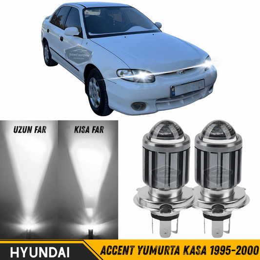 Hyundai Accent Yumurta Kasa 1995-2000 Uyumlu Mercekli Far Ampulü Led Xenon Beyaz Renk Far Şimşek Etkili CSP Led Lamba Uzun Kısa 2 Adet Takım