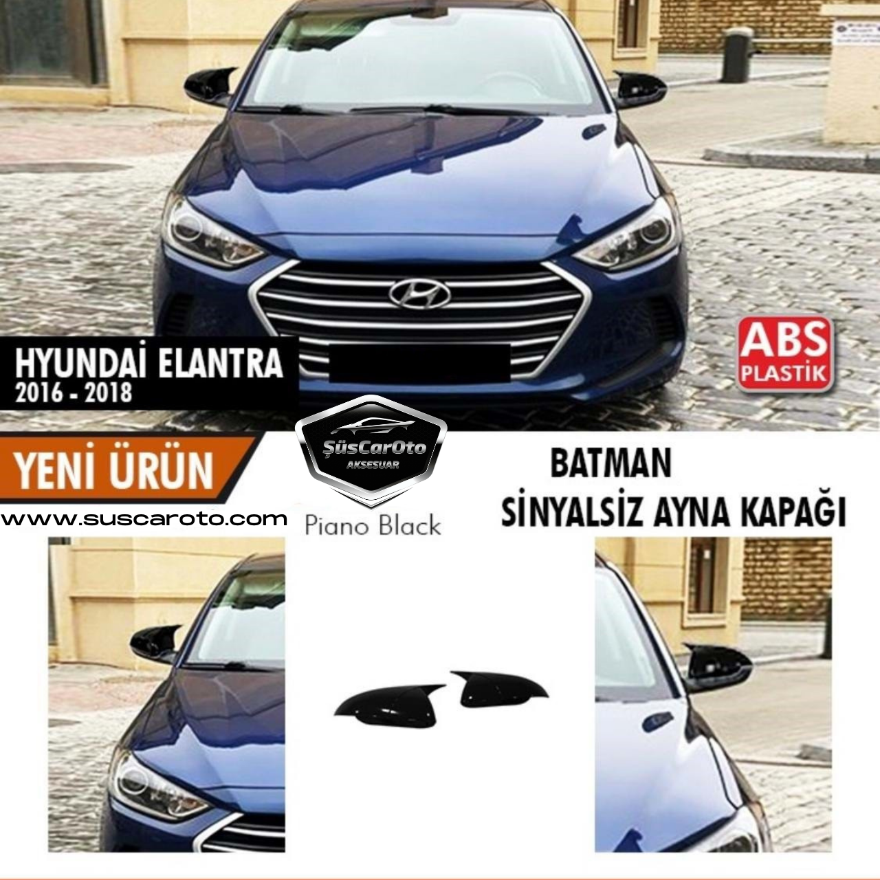 Tapas de espejo estilo murciélago Batman para Hyundai Elantra sin señal, 2016-2018, plástico ABS negro piano
