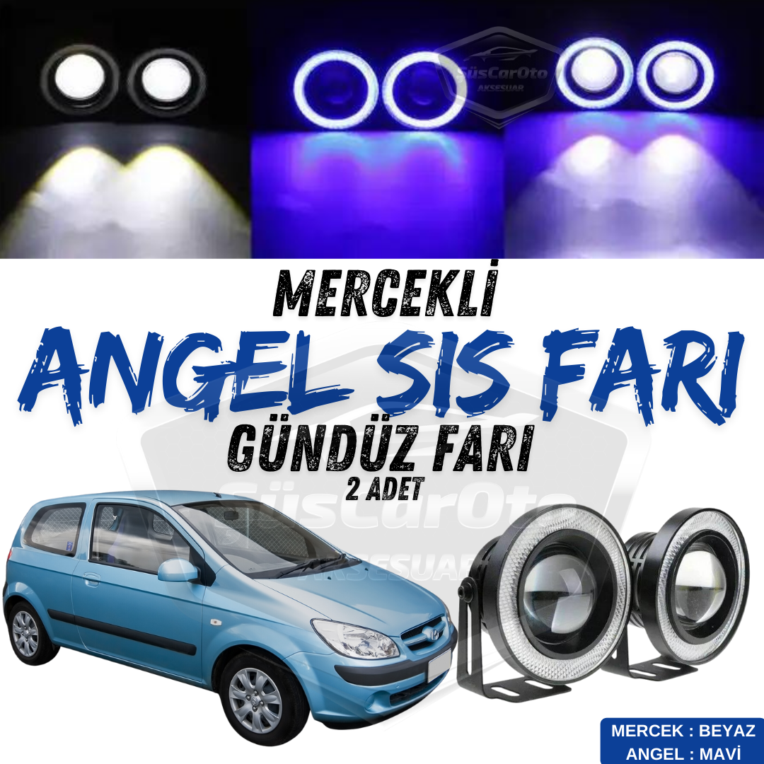 Hyundai Getz 2002-2011 Compatible Faro antiniebla universal con proyector Angel de metal, impermeable, 76 mm, con halo azul, luz diurna, Angel Eyes, 2 unidades