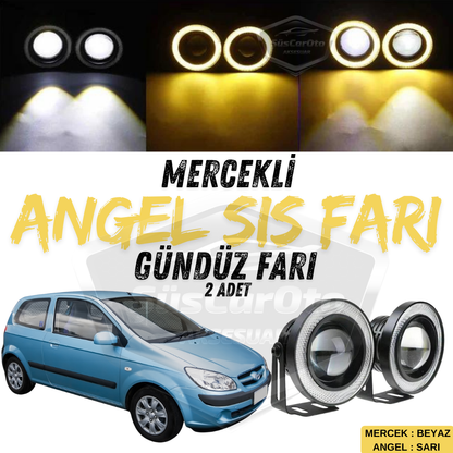 Hyundai Getz 2002-2011 Compatible Universal Luz Antiniebla Ojo de Ángel Lente Metálica Impermeable 76 mm con Anillo Amarillo Luz Diurna Ojos de Ángel 2 Unidades
