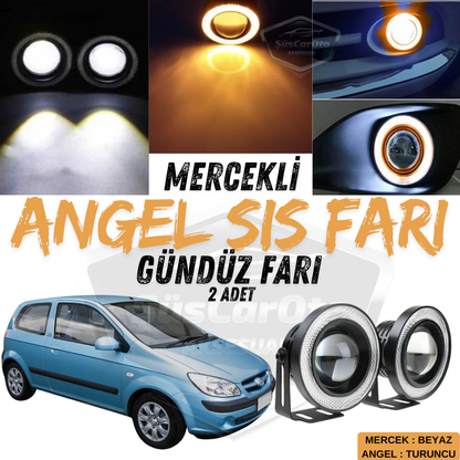Hyundai Getz 2002-2011 Compatible Faro antiniebla universal con proyector Angel Eye, metal, impermeable, 76 mm, con aro naranja, luz diurna, Angel Eyes, 2 unidades