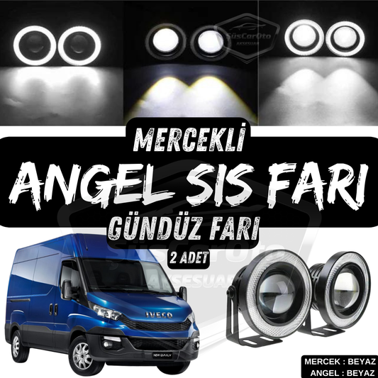 Faros antiniebla universales de lente Angel compatibles con Iveco Daily, metal, impermeables, 76 mm, con halo blanco, luz diurna Angel Eyes, 2 unidades