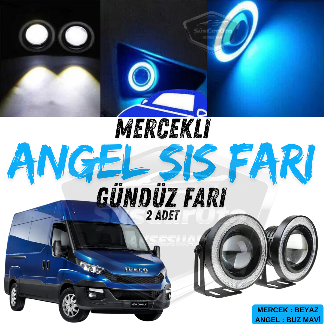 Faros antiniebla universales Iveco Daily, con ojo de ángel y lente, metal, impermeables, 76 mm, luz azul hielo, luz diurna circular, Angel Eyes, 2 unidades