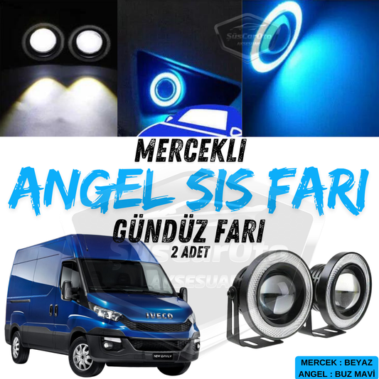 Faros antiniebla universales Iveco Daily, con ojo de ángel y lente, metal, impermeables, 76 mm, luz azul hielo, luz diurna circular, Angel Eyes, 2 unidades