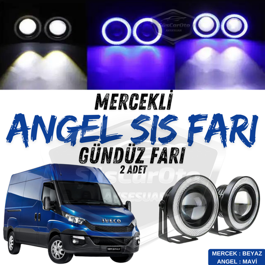 Faros antiniebla universales de lentes Iveco Daily, a prueba de agua, con anillo azul de 76 mm, luces diurnas Angel Eyes, 2 unidades