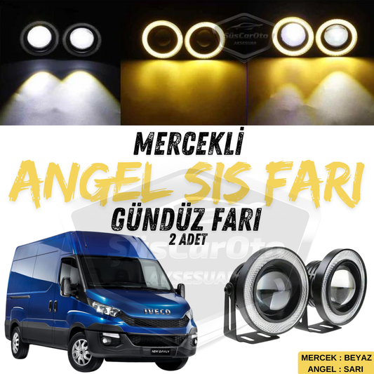 Iveco Daily compatible, universal, con lente, antiniebla Angel, carcasa de metal, resistente al agua, 76 mm, luz diurna con aro amarillo, Angel Eyes, 2 unidades