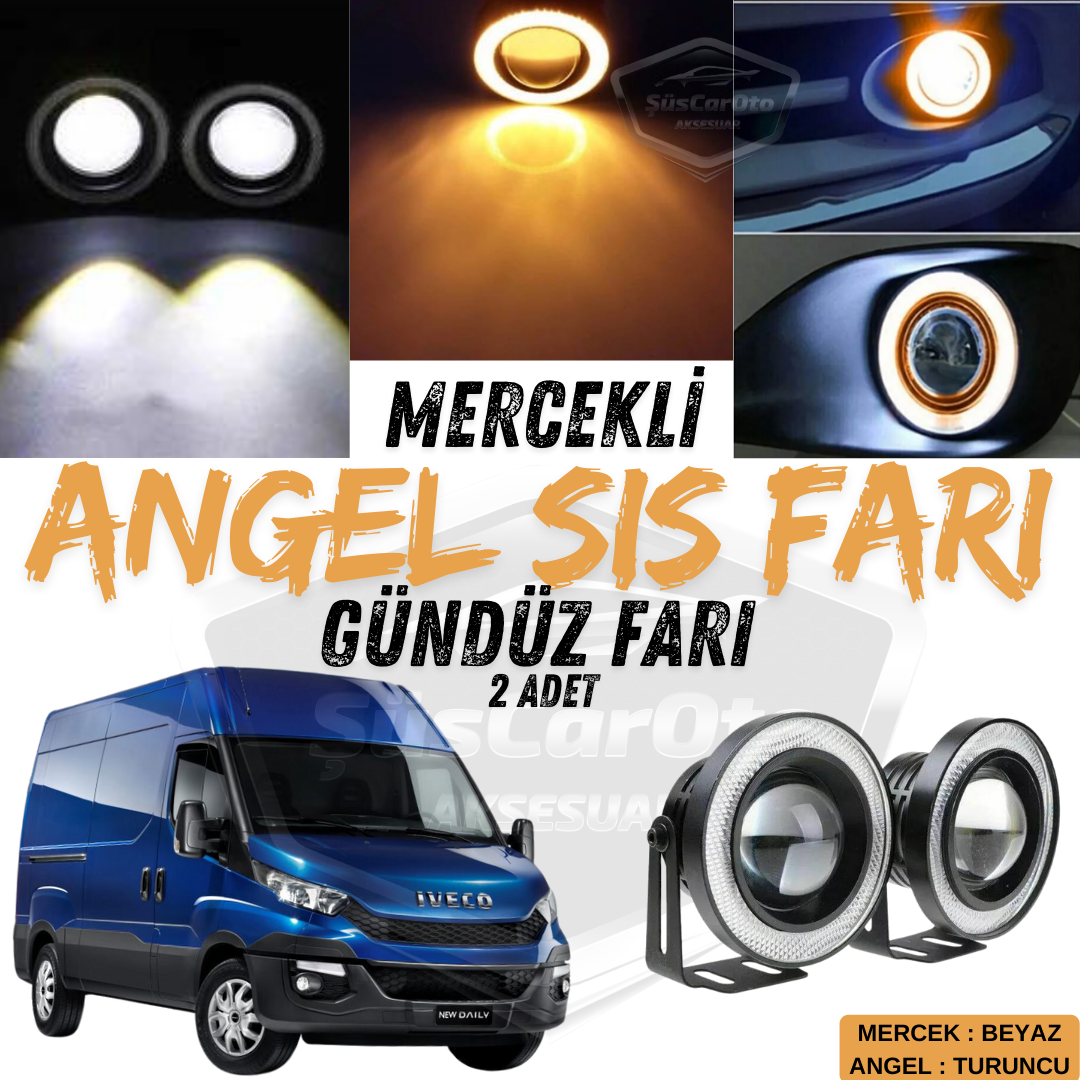 Faros antiniebla universales de lente Angel compatibles con Iveco Daily, metal, impermeables, 76 mm, con aro naranja, luces diurnas Angel Eyes, 2 unidades
