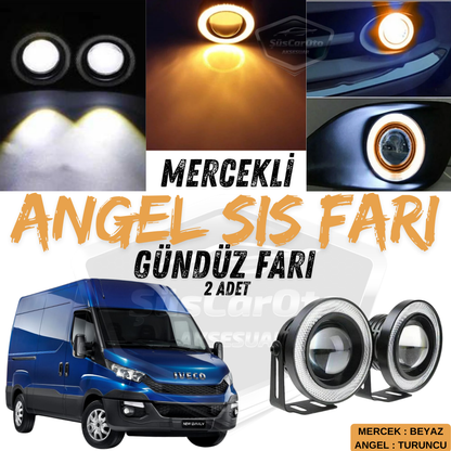 Faros antiniebla universales de lente Angel compatibles con Iveco Daily, metal, impermeables, 76 mm, con aro naranja, luces diurnas Angel Eyes, 2 unidades