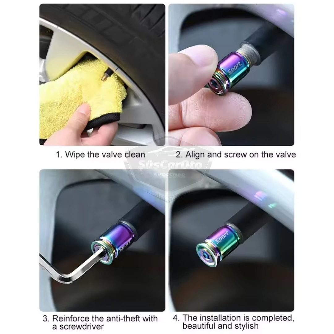 Tapa de Válvula con Bloqueo, Tapa de Válvula Allen, Coche Moto Bicicleta, Metálica, Ajustable, Negra, Juego de 4