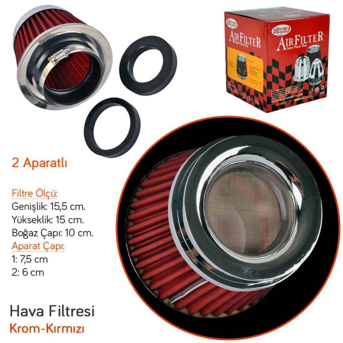 Filtro de aire abierto Carub Performance y aumento de sonido +6 Hp tipo cerrado con adaptador rojo universal