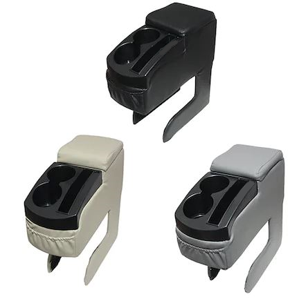 Apoyabrazos de cuero universal gris de doble portavasos, sin instalación ni tornillos, apto para cualquier vehículo