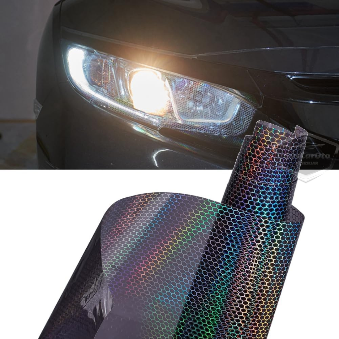 Película de faro de patrón de panal holográfico negro oscuro, lámina de faro, lámina protectora contra arañazos de faro 100 x 30 cm ONP1002