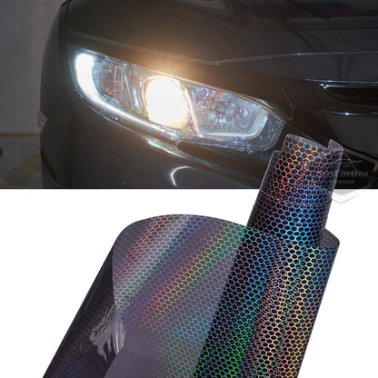 Película de faro de patrón de panal holográfico negro oscuro, lámina de faro, lámina protectora contra arañazos de faro 100 x 30 cm ONP1002