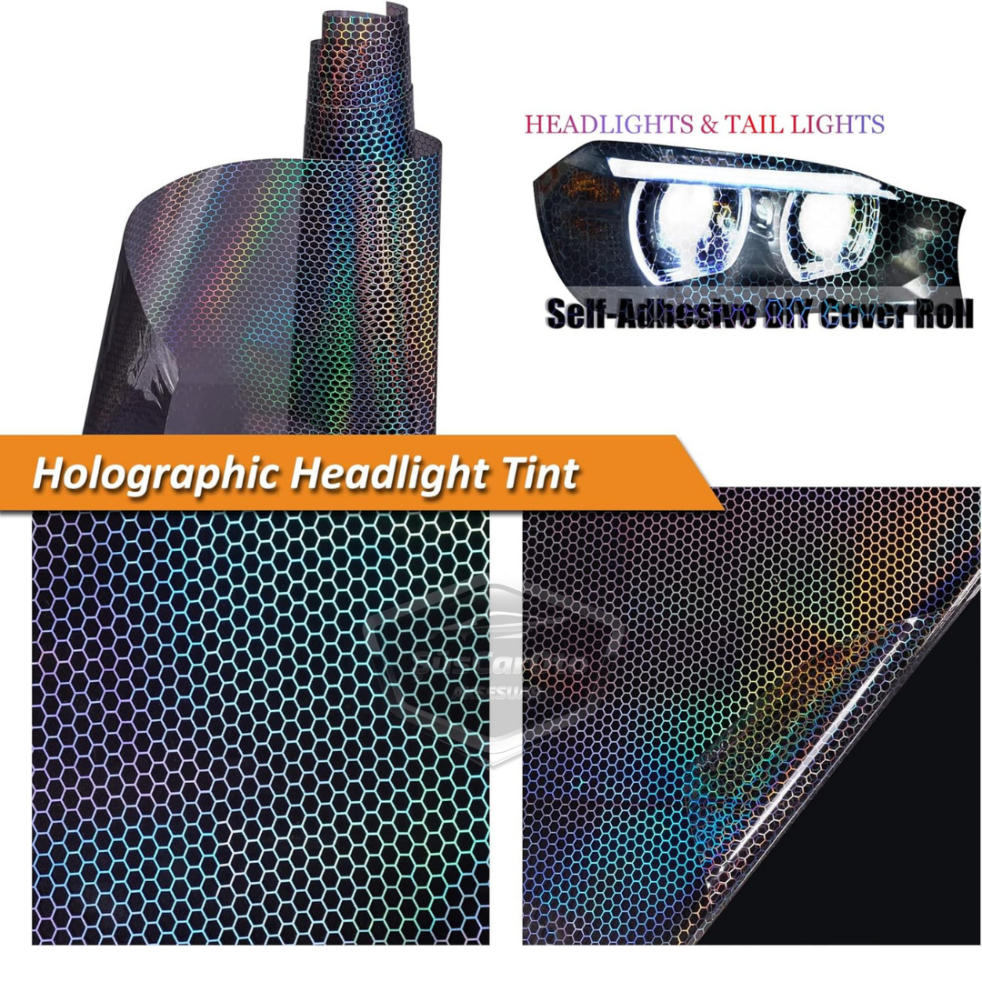 Película de faro de patrón de panal holográfico negro oscuro, lámina de faro, lámina protectora contra arañazos de faro 100 x 30 cm ONP1002