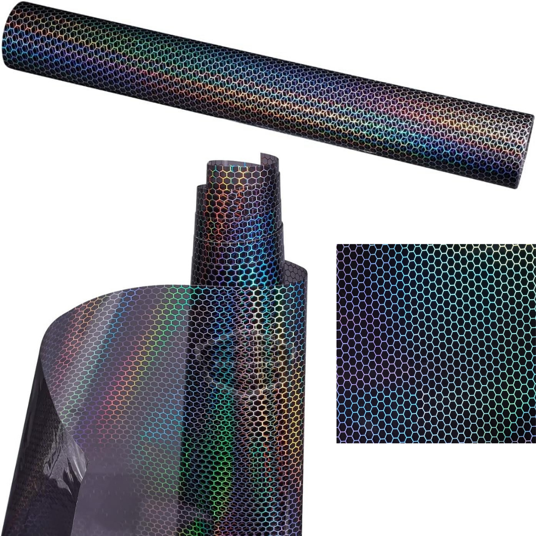 Película de faro de patrón de panal holográfico negro oscuro, lámina de faro, lámina protectora contra arañazos de faro 100 x 30 cm ONP1002