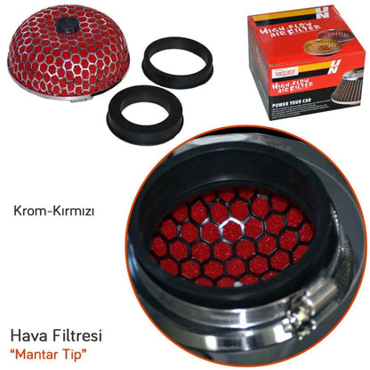 Carub Filtro de aire abierto para mejorar sonido y rendimiento, tipo hongo, rojo, +6 Hp, con adaptador, universal