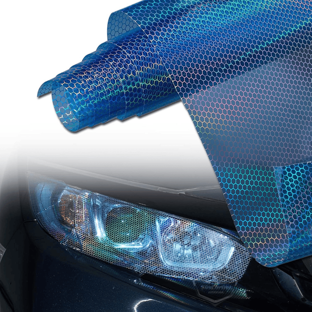 Película para faros delanteros y luces traseras, diseño de panal de abeja, color azul holográfico, protector antiarañazos, 100 x 30 cm, ONP1003