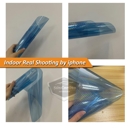 Película para faros delanteros y luces traseras, diseño de panal de abeja, color azul holográfico, protector antiarañazos, 100 x 30 cm, ONP1003