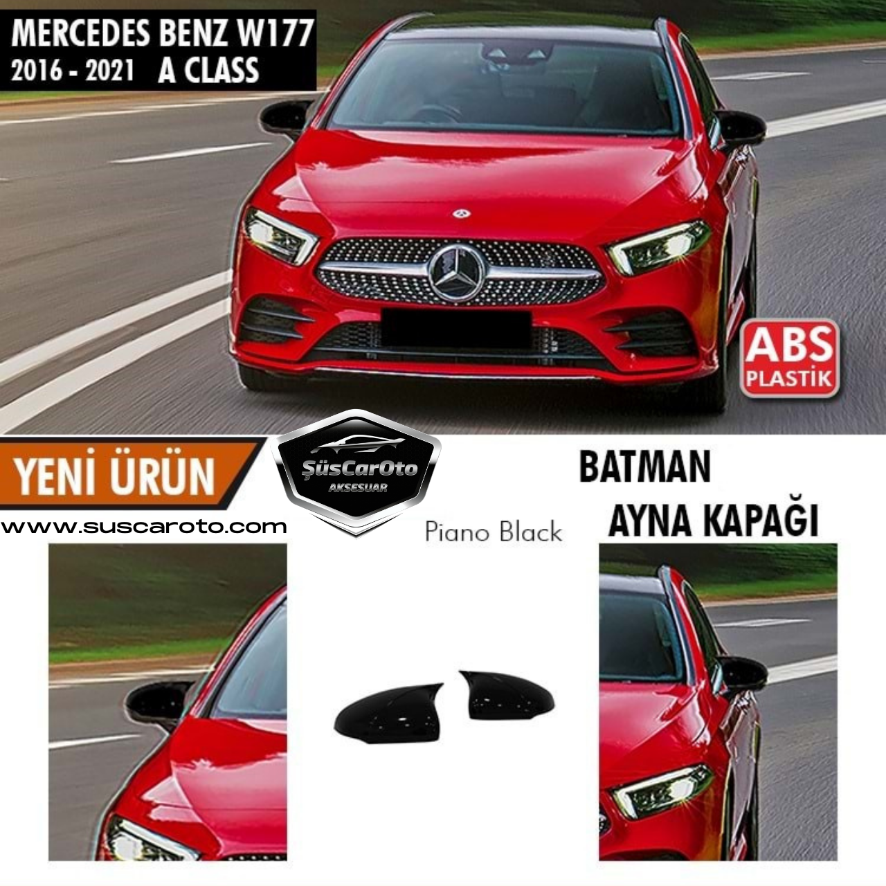 Mercedes Clase A W177 2018-2021 Cubierta de espejo de murciélago estilo Batman Negro Piano ABS Plástico