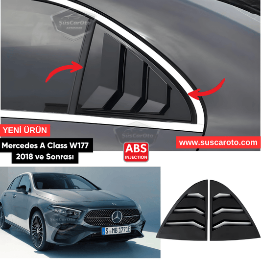 Mercedes Clase A W177 2018 y posteriores, Rejilla de Ventana Trasera Batiente, Visera de Ventana Trasera Batiente, Ventilación Importada, Juego Izquierdo y Derecho, Negro Brillante, Calidad Premium