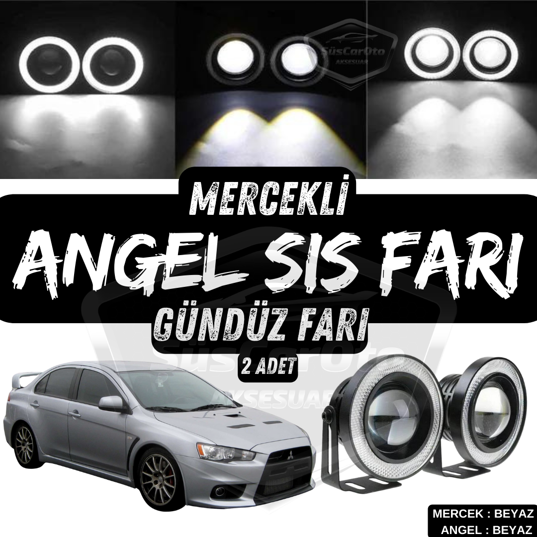 Faros antiniebla universales de lente Angel para Mitsubishi Lancer 2007-2014, metálicos, impermeables, 76 mm, con luz diurna de anillo blanco Angel Eyes, 2 unidades
