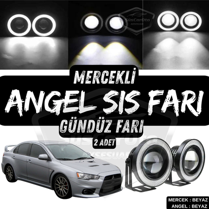 Faros antiniebla universales de lente Angel para Mitsubishi Lancer 2007-2014, metálicos, impermeables, 76 mm, con luz diurna de anillo blanco Angel Eyes, 2 unidades