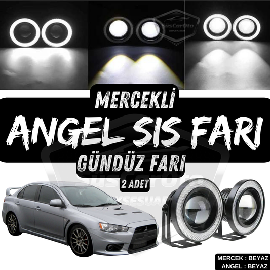 Faros antiniebla universales de lente Angel para Mitsubishi Lancer 2007-2014, metálicos, impermeables, 76 mm, con luz diurna de anillo blanco Angel Eyes, 2 unidades