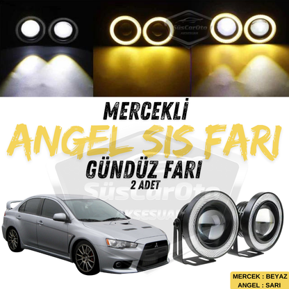 Faros antiniebla universales de lente Angel para Mitsubishi Lancer 2007-2014, metálicos, impermeables, 76 mm, anillo amarillo, luz diurna, Angel Eyes, 2 unidades