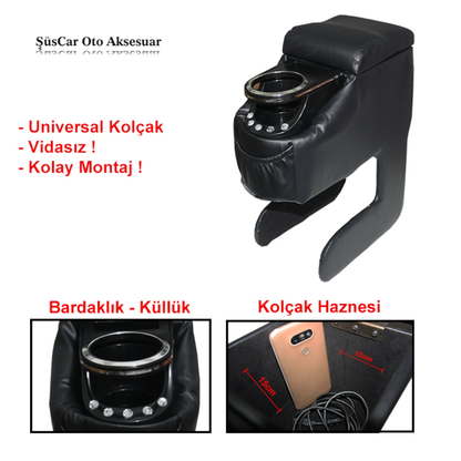 Reposabrazos de cuero negro universal sin perforaciones con portavasos y pedrería, adecuado para cualquier vehículo, sin tornillos