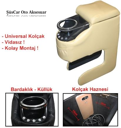 Apoyabrazos universal de piel con soporte para vaso y pedrería, sin montaje, sin tornillos, adecuado para cualquier vehículo, color beige