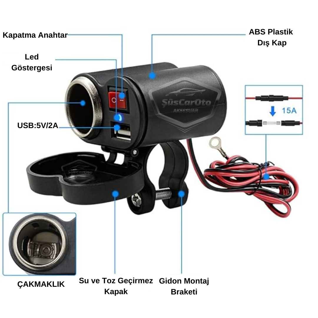 Toma de cargador USB/encendedor de cigarrillos 12-45V para motocicleta, quad, bicicleta eléctrica, moto acuática, impermeable, montaje en manillar, cargador USB multifunción