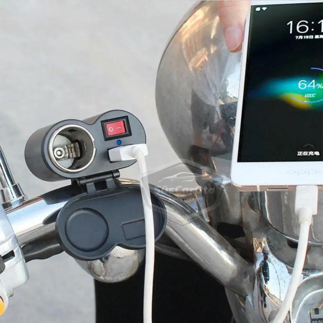 Toma de cargador USB/encendedor de cigarrillos 12-45V para motocicleta, quad, bicicleta eléctrica, moto acuática, impermeable, montaje en manillar, cargador USB multifunción