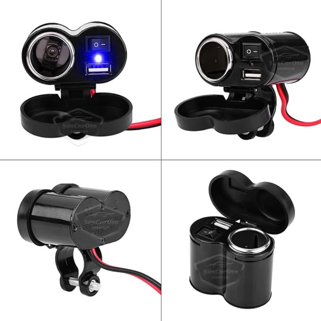 Toma de cargador USB/encendedor de cigarrillos 12-45V para motocicleta, quad, bicicleta eléctrica, moto acuática, impermeable, montaje en manillar, cargador USB multifunción