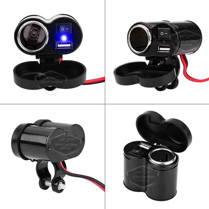 Toma de cargador USB/encendedor de cigarrillos 12-45V para motocicleta, quad, bicicleta eléctrica, moto acuática, impermeable, montaje en manillar, cargador USB multifunción