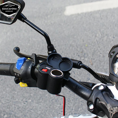 Toma de cargador USB/encendedor de cigarrillos 12-45V para motocicleta, quad, bicicleta eléctrica, moto acuática, impermeable, montaje en manillar, cargador USB multifunción