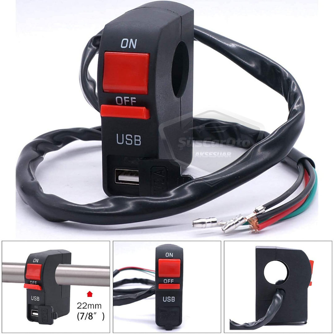 Interruptor de encendido/apagado de 12 V para motocicleta, ATV, bicicleta eléctrica, jetski, botón de interruptor, faro, toma de carga USB, impermeable, montaje en manillar de 22 mm, cargador USB multifuncional