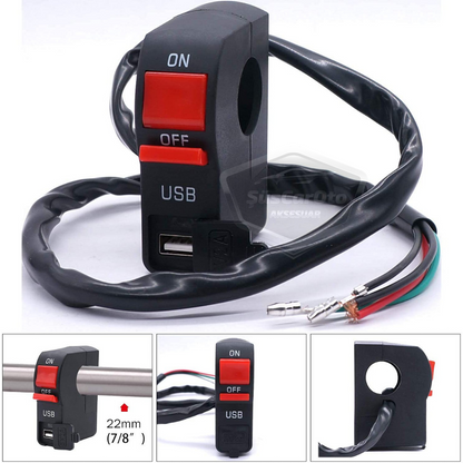 Interruptor de encendido/apagado de 12 V para motocicleta, ATV, bicicleta eléctrica, jetski, botón de interruptor, faro, toma de carga USB, impermeable, montaje en manillar de 22 mm, cargador USB multifuncional