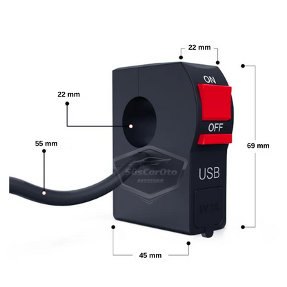 Interruptor de encendido/apagado de 12 V para motocicleta, ATV, bicicleta eléctrica, jetski, botón de interruptor, faro, toma de carga USB, impermeable, montaje en manillar de 22 mm, cargador USB multifuncional