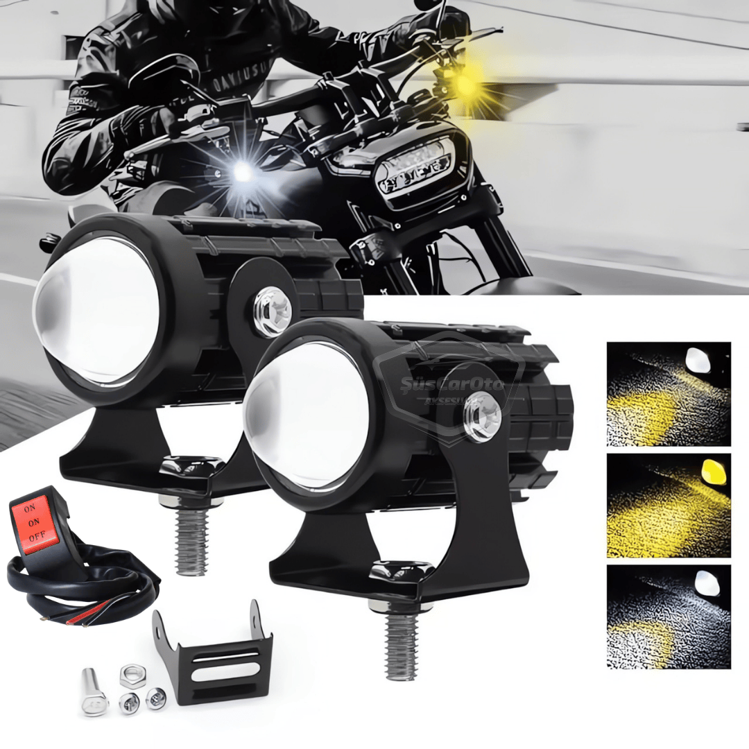 Juego de 2 faros antiniebla de motocicleta, mini, bicolor, amarillo-blanco, con botón de encendido/apagado, para scooter, vehículo, todoterreno, lámpara LED, 8V-80V, proyector, carcasa metálica, luz de trabajo para todoterreno