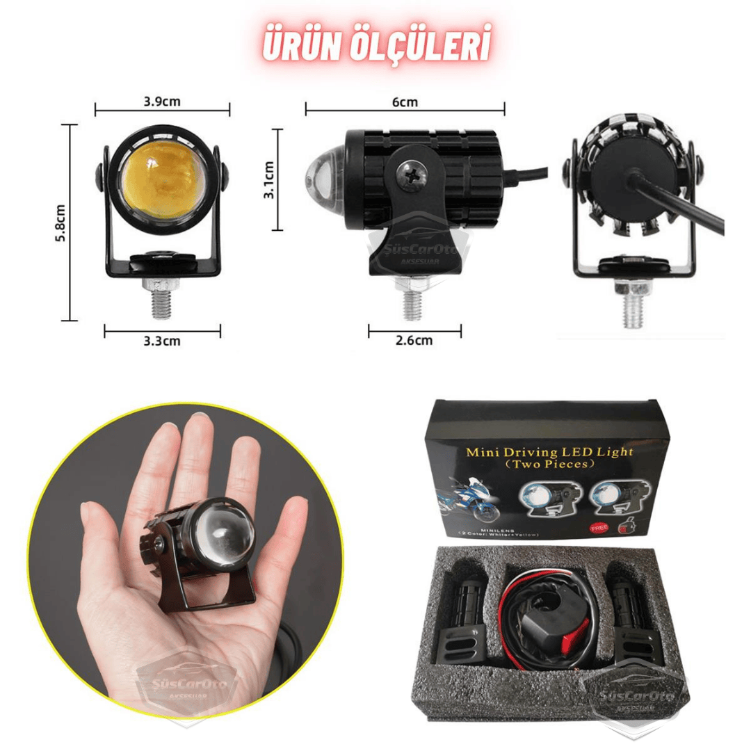 Juego de 2 faros antiniebla de motocicleta, mini, bicolor, amarillo-blanco, con botón de encendido/apagado, para scooter, vehículo, todoterreno, lámpara LED, 8V-80V, proyector, carcasa metálica, luz de trabajo para todoterreno