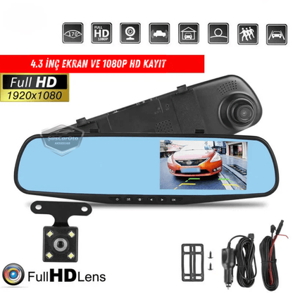 Espejo retrovisor con cámaras delantera y trasera, cámara de visión trasera de 4.3" 1080P Full HD con grabación, sensor de detección de colisión, visión nocturna, sensor de estacionamiento con sonido, grabación de ruta ONP220