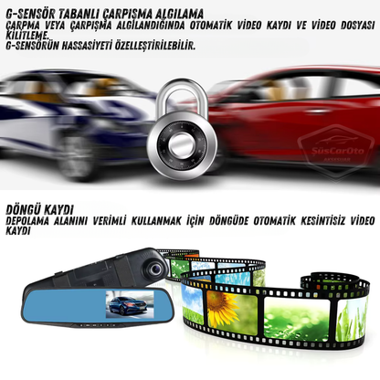 Espejo retrovisor con cámaras delantera y trasera, cámara de visión trasera de 4.3" 1080P Full HD con grabación, sensor de detección de colisión, visión nocturna, sensor de estacionamiento con sonido, grabación de ruta ONP220