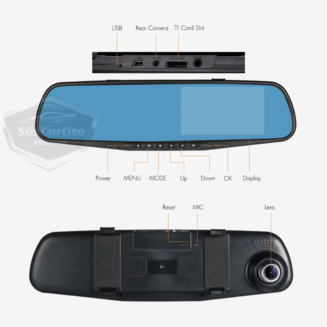 Espejo retrovisor con cámaras delantera y trasera, cámara de visión trasera de 4.3" 1080P Full HD con grabación, sensor de detección de colisión, visión nocturna, sensor de estacionamiento con sonido, grabación de ruta ONP220
