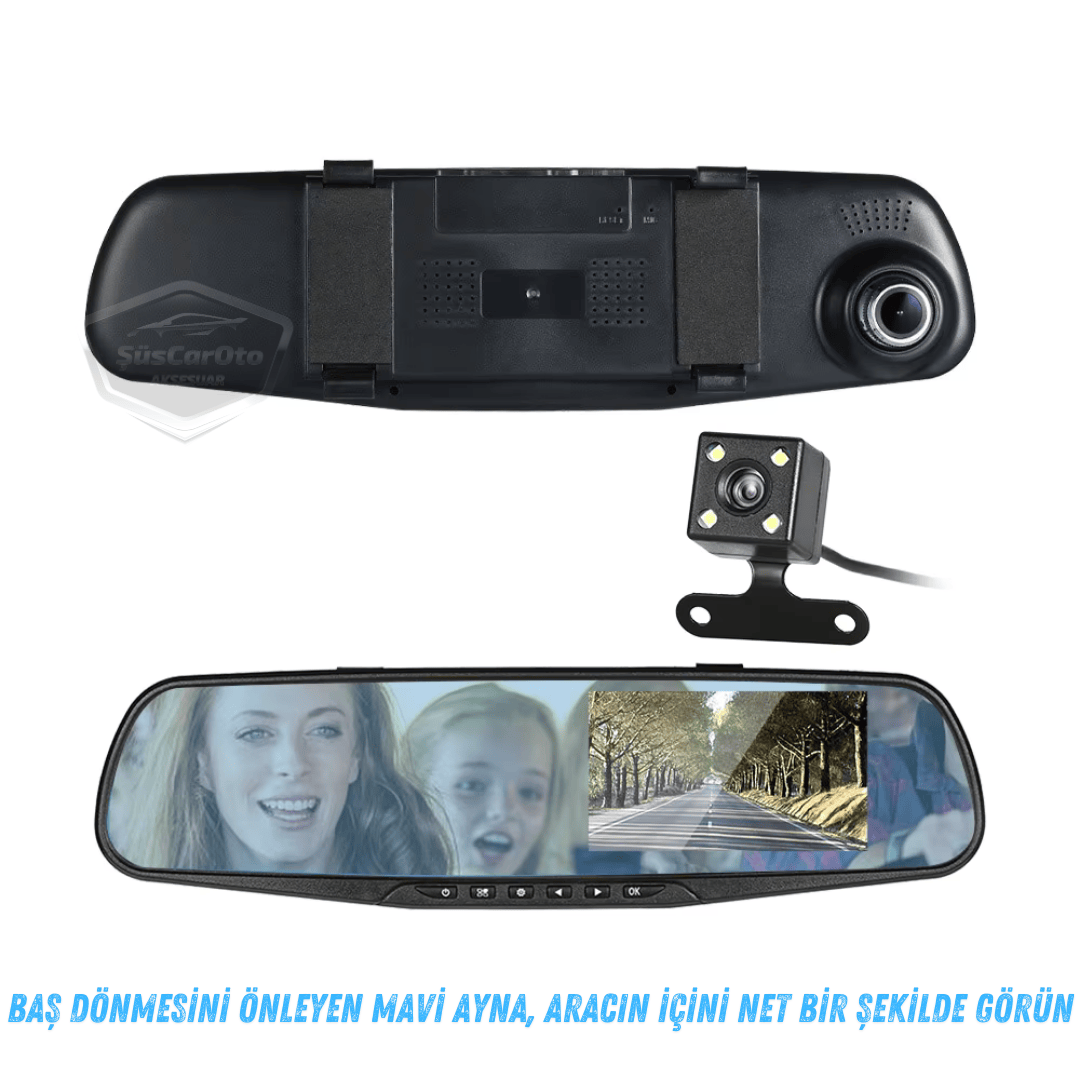 Espejo retrovisor con cámaras delantera y trasera, cámara de visión trasera de 4.3" 1080P Full HD con grabación, sensor de detección de colisión, visión nocturna, sensor de estacionamiento con sonido, grabación de ruta ONP220