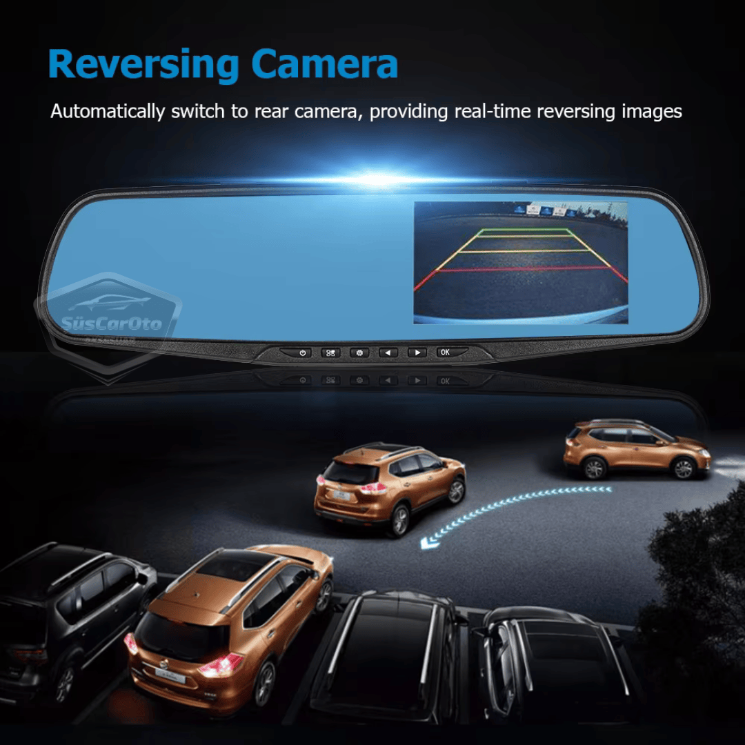 Espejo retrovisor con cámaras delantera y trasera, cámara de visión trasera de 4.3" 1080P Full HD con grabación, sensor de detección de colisión, visión nocturna, sensor de estacionamiento con sonido, grabación de ruta ONP220